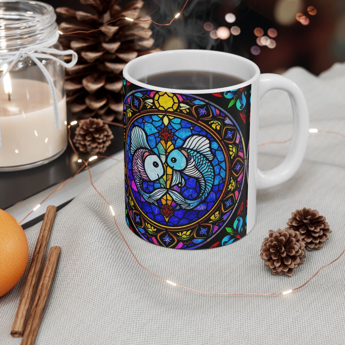 Ceramic Mug, (11oz, 15oz), Ceramic Coffee Mug, AOP, Glass Design v1, Pisces Zodiac Sign