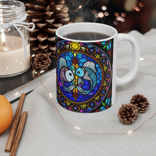Ceramic Mug, (11oz, 15oz), Ceramic Coffee Mug, AOP, Glass Design v1, Pisces Zodiac Sign