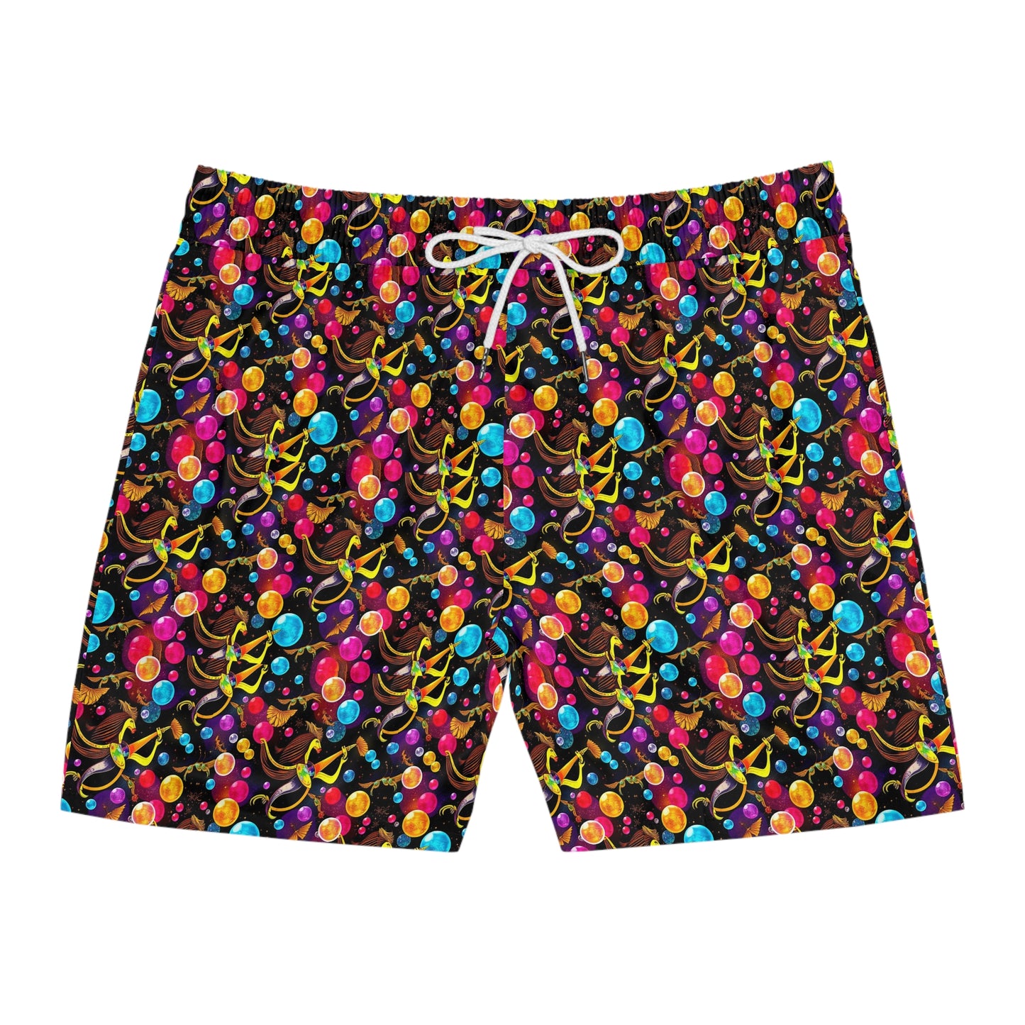 Men's Mid-Length Swim Shorts, (AOP), Sagittarius, Zodiac v2, Bubble Pattern