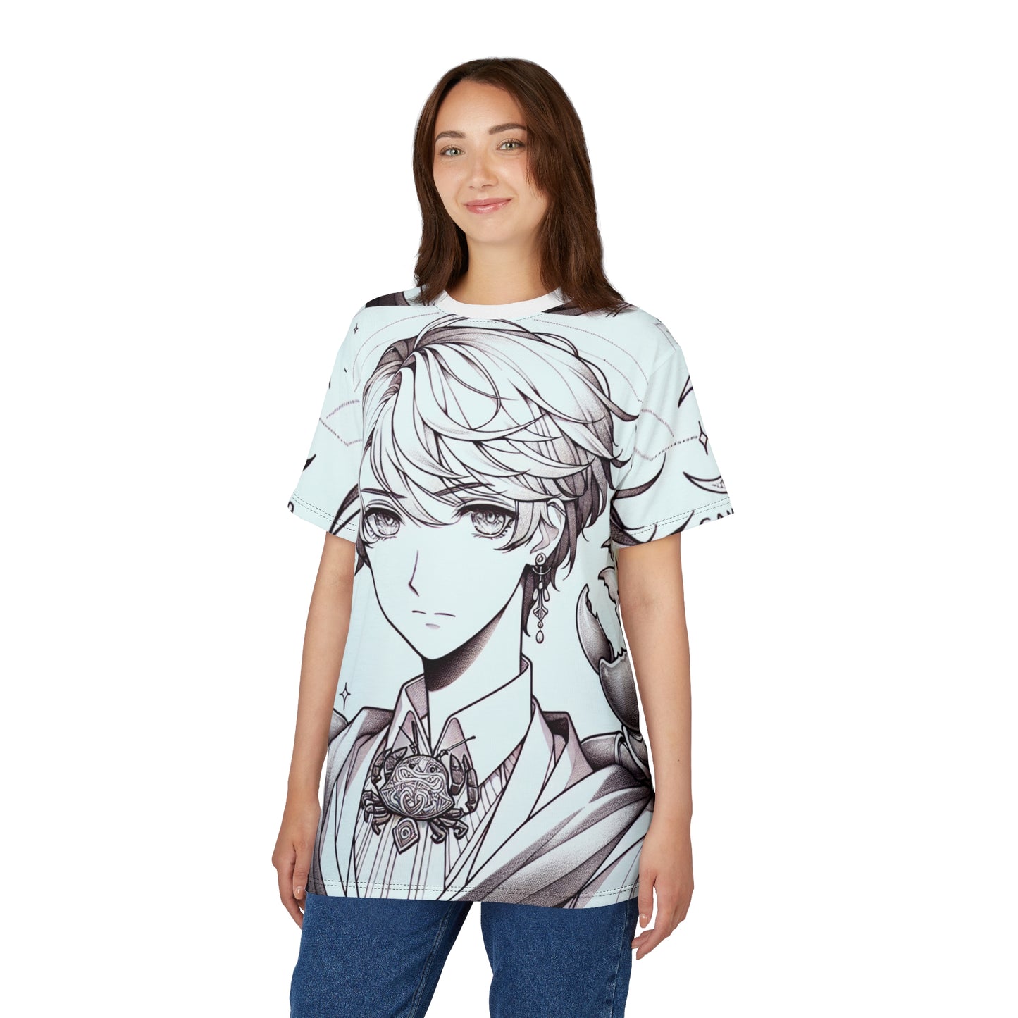 Unisex Cut & Sew T-Shirt (AOP), Anime Character, Cancer Zodiac Design, Regular fit, 100% Polyester