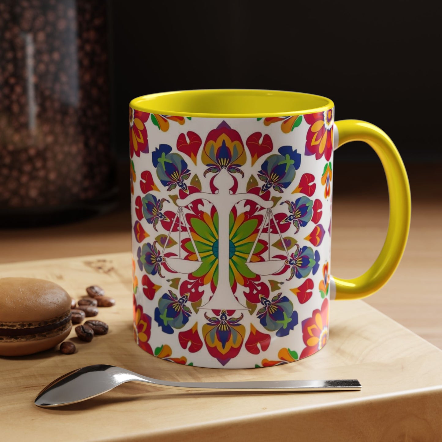 Accent Coffee Mug, Libra, Zodiac v1, Flower Pattern, (11, 15oz)