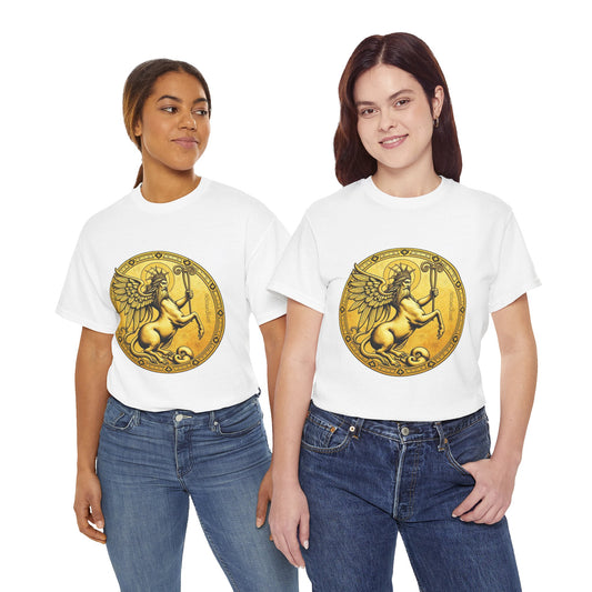 Unisex Heavy Cotton T-Shirt, Golden Angel Coin, Virgo Zodiac Design