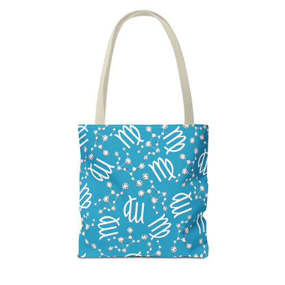 Tote Bag, Virgo Zodiac Sign, AOP, (Turquoise, White)
