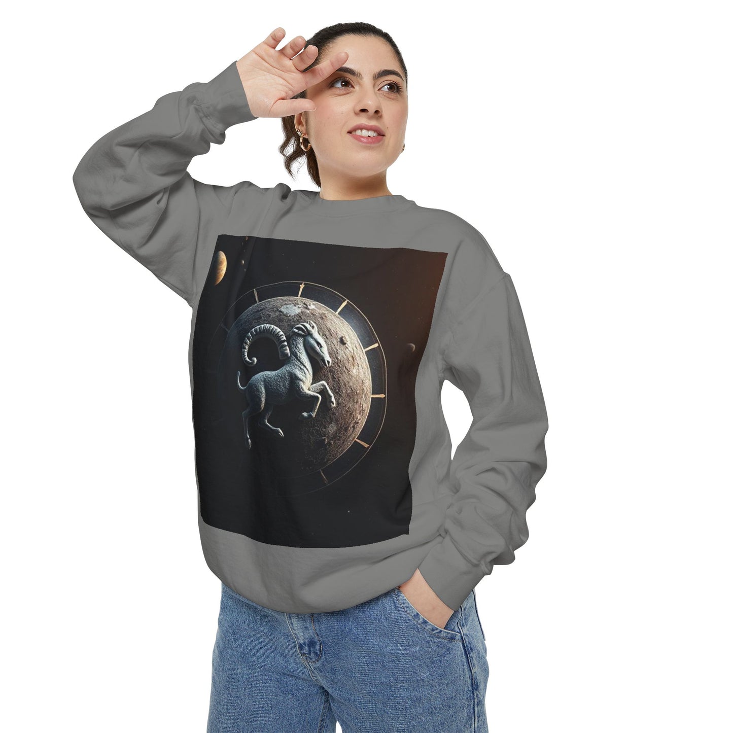 Garment-Dyed Sweatshirt, Unisex, Space Animal Design, Aries
