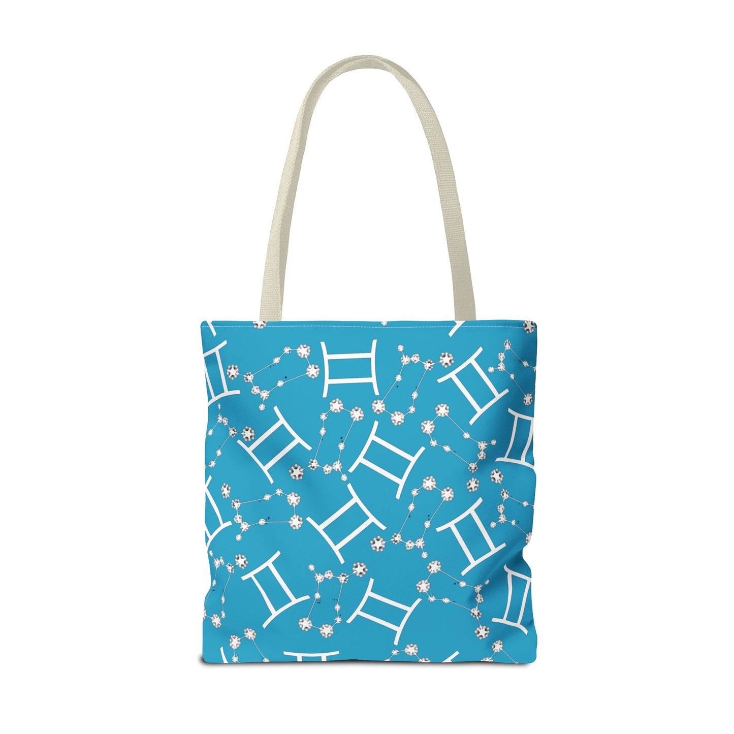 Tote Bag, Gemini Zodiac Sign, AOP, (Turquoise, White Print)