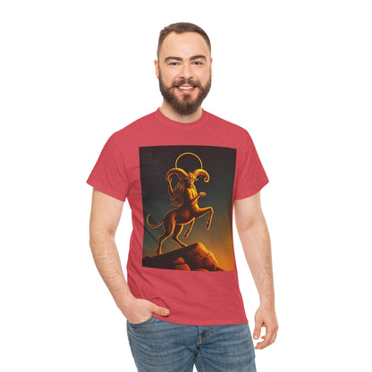 Unisex Heavy Cotton T-Shirt, Mountain Top, Aries Zodiac Design