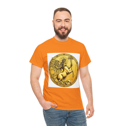 Unisex Heavy Cotton T-Shirt, Golden Angel Coin v1, Virgo Zodiac Design