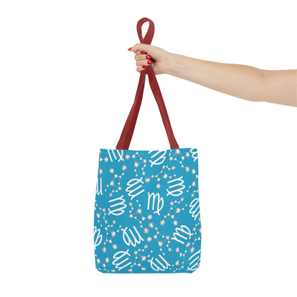 Tote Bag, Virgo Zodiac Sign, AOP, (Turquoise, White)