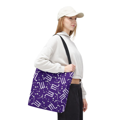 Tote Bag, Scorpio Zodiac Sign, AOP, (Purple, White)