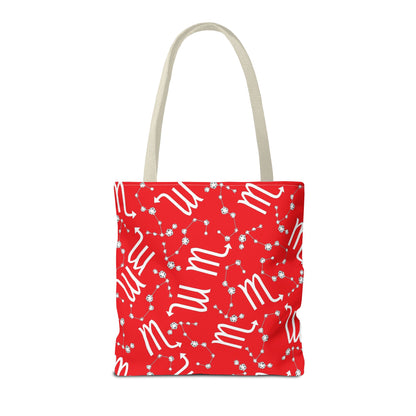 Tote Bag, Scorpio Zodiac Sign, AOP, (Red, White)