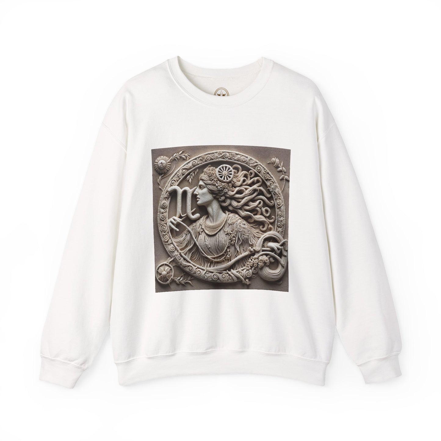 Unisex Heavy Blend™ Crewneck Sweatshirt, Stone Carving, Virgo Zodiac Design
