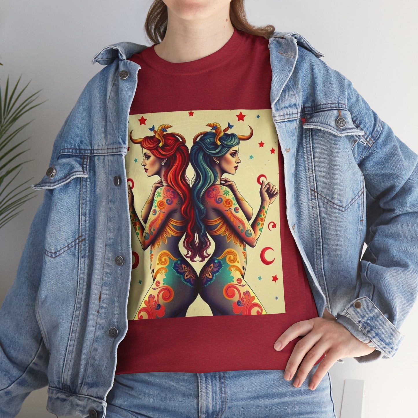 Unisex Heavy Cotton T-Shirt, Gemini, Zodiac v4, Sexy Art