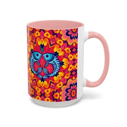 Accent Coffee Mug, Pisces, Zodiac v1, Flower Pattern, (11, 15oz)