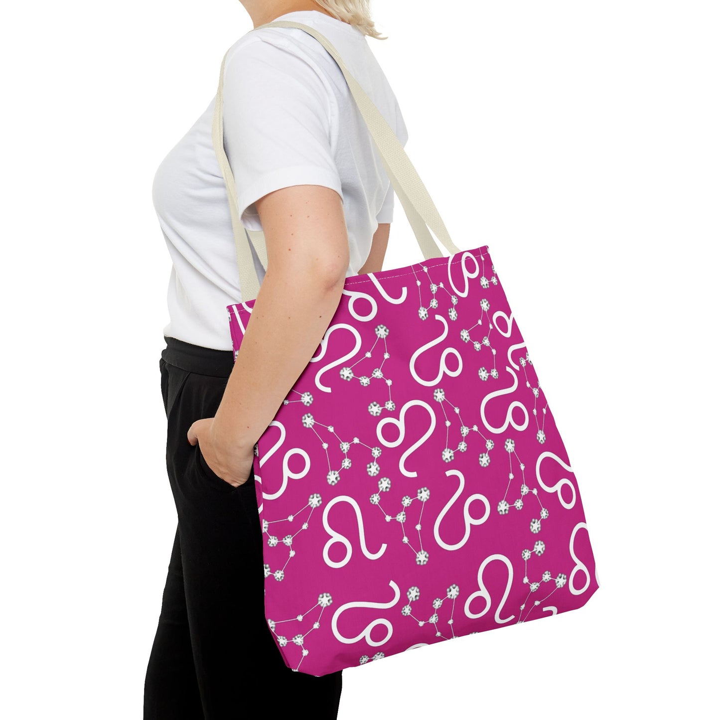 Tote Bag, Leo Zodiac Sign, AOP, (Pink, White)