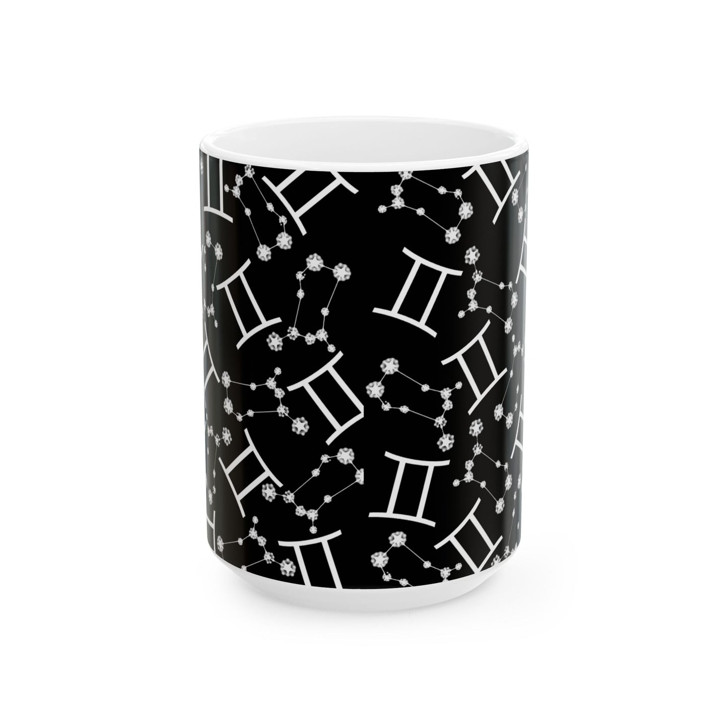 Ceramic Mug, (11oz, 15oz), Ceramic Coffee Mug, Black AOP, Gemini Zodiac Design