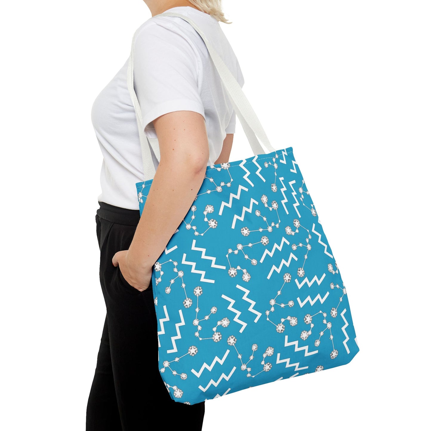 Tote Bag, Aquarius Zodiac Sign, AOP, (Turquoise, White)