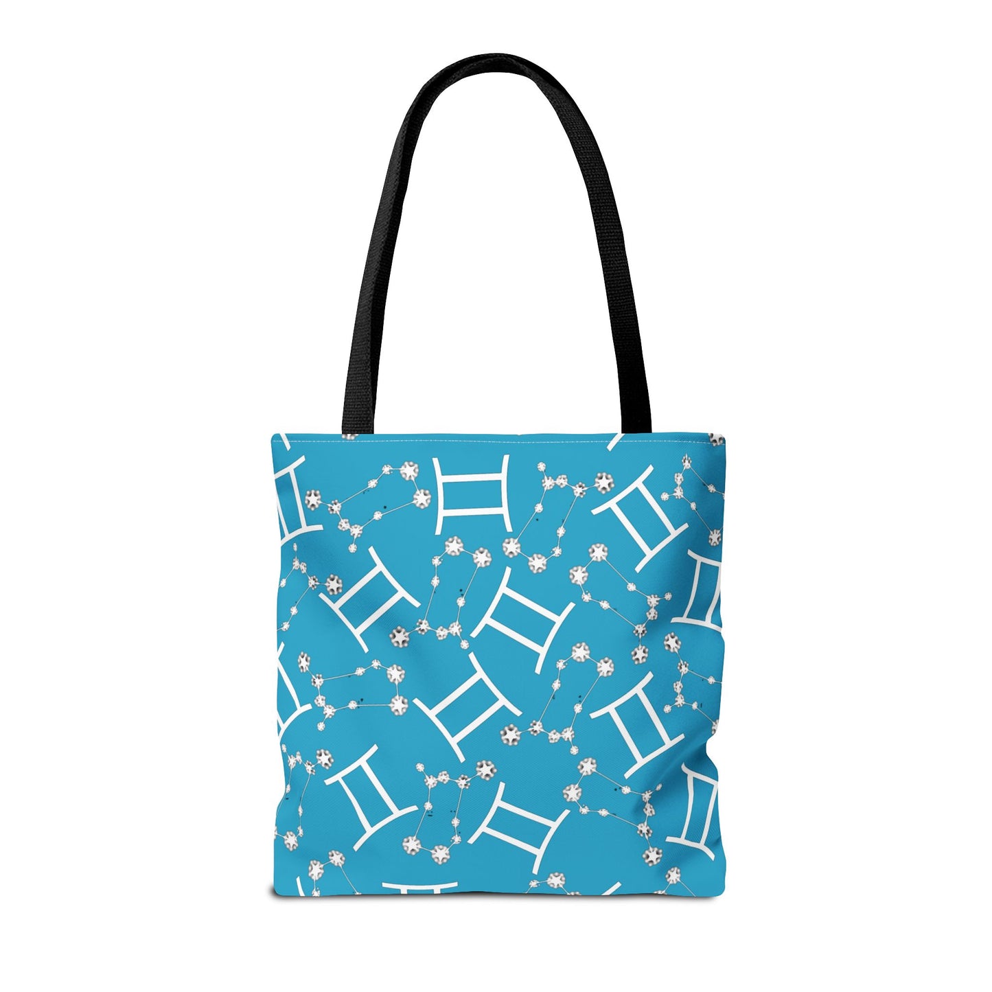 Tote Bag, Gemini Zodiac Sign, AOP, (Turquoise, White Print)
