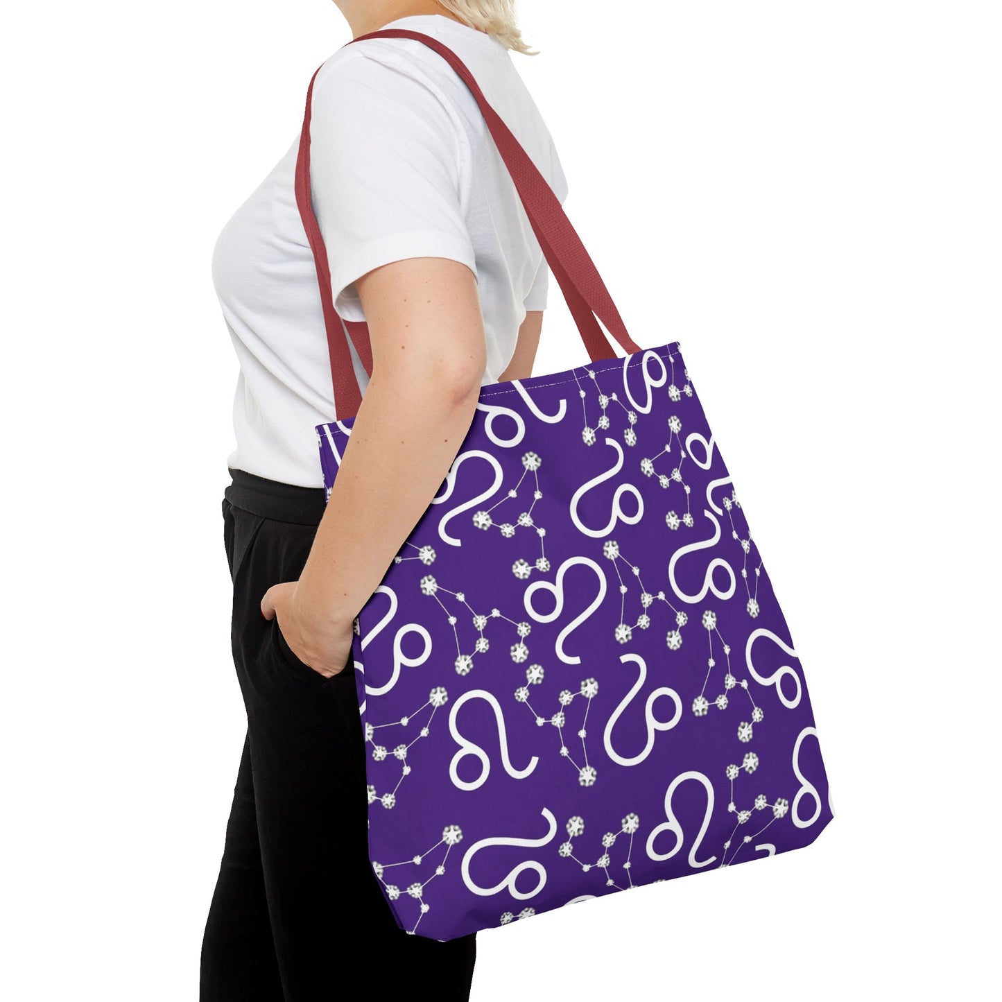 Tote Bag, Leo Zodiac Sign, AOP, (Purple, White)