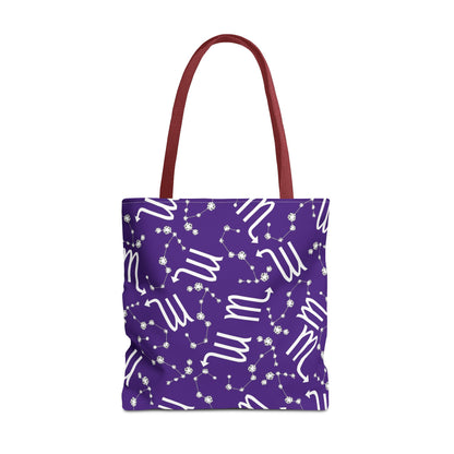 Tote Bag, Scorpio Zodiac Sign, AOP, (Purple, White)