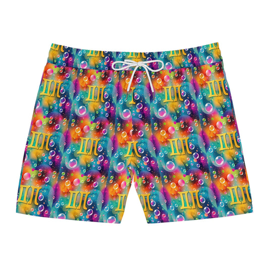 Men's Mid-Length Swim Shorts, (AOP), Gemini, Zodiac, Bubble Pattern