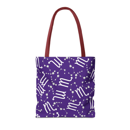 Tote Bag, Scorpio Zodiac Sign, AOP, (Purple, White)