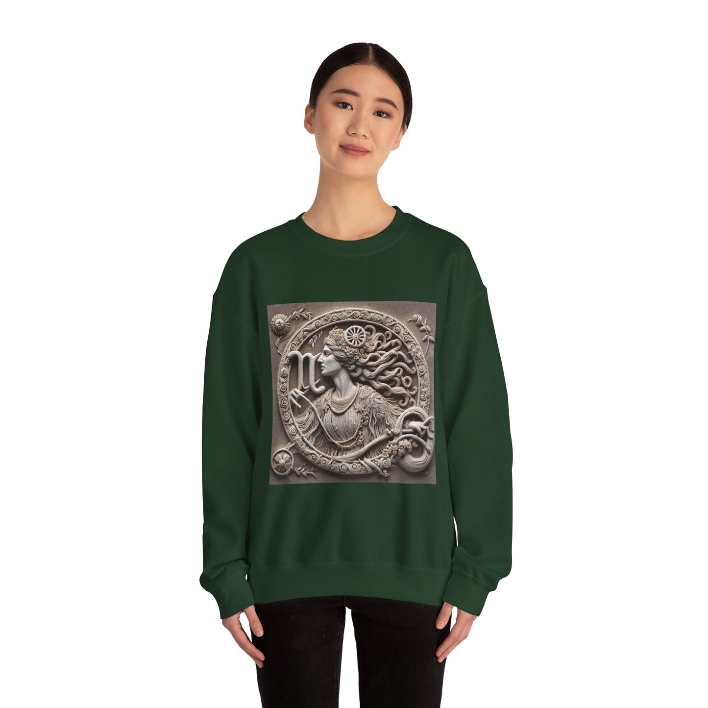 Unisex Heavy Blend™ Crewneck Sweatshirt, Stone Carving, Virgo Zodiac Design