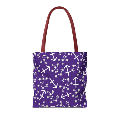 Tote Bag, Sagittarius Zodiac Sign, AOP, (Purple, White Print)