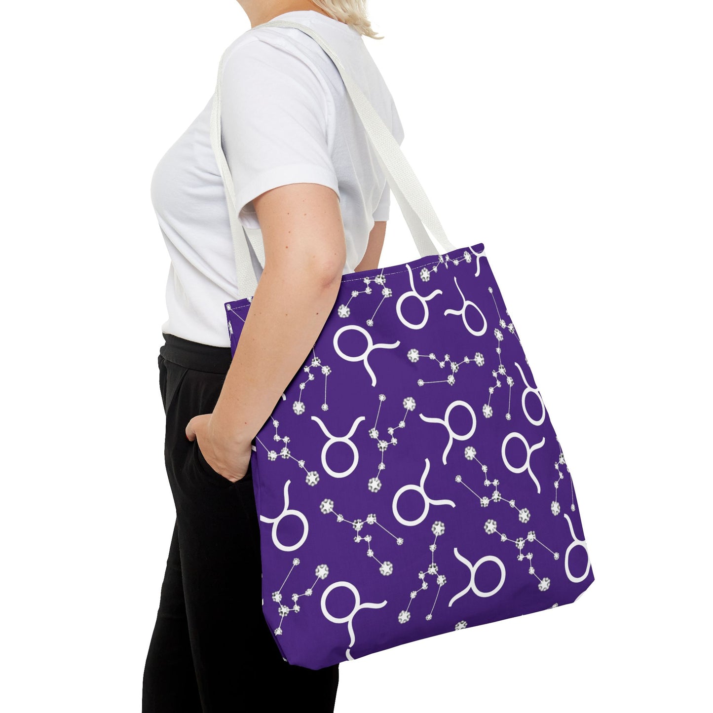Tote Bag, Taurus Zodiac Sign, AOP, (Purple, White)