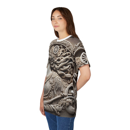 Unisex Cut & Sew T-Shirt (AOP), Lady Stone Carving, Virgo Zodiac Design, Regular fit, 100% Polyester