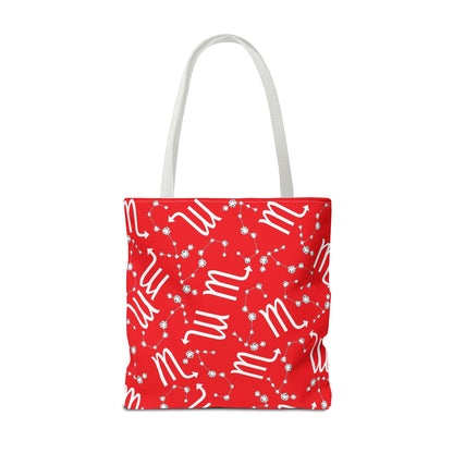 Tote Bag, Scorpio Zodiac Sign, AOP, (Red, White)