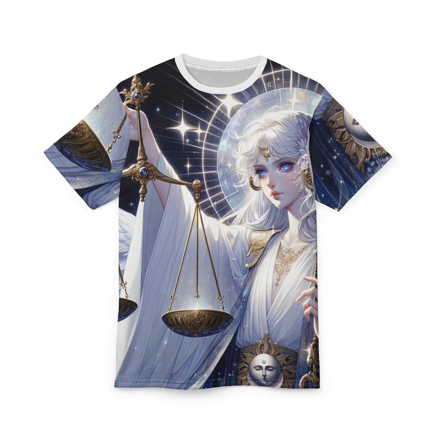 Unisex Cut & Sew T-Shirt (AOP), Angel with Scale, Libra Zodiac Design, Regular fit, 100% Polyester