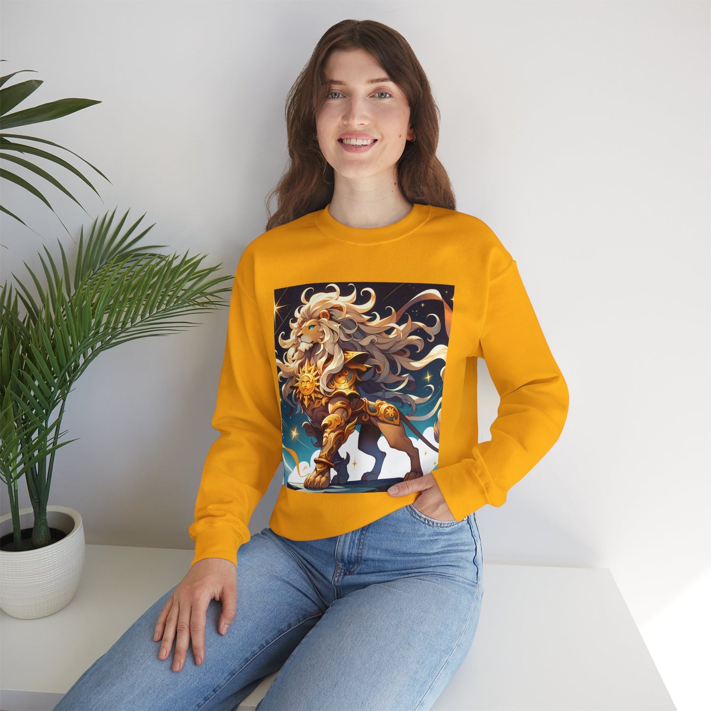 Unisex Heavy Blend™ Crewneck Sweatshirt,Cool Lion with White Hair, Leo Zodiac Design