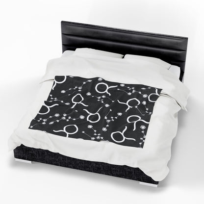 Velveteen Plush Blanket, Taurus Zodiac Sign, Constellation & Symbol, Black, 100% polyester