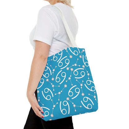 Tote Bag, Cancer Zodiac Sign, AOP, (Turquoise, White)