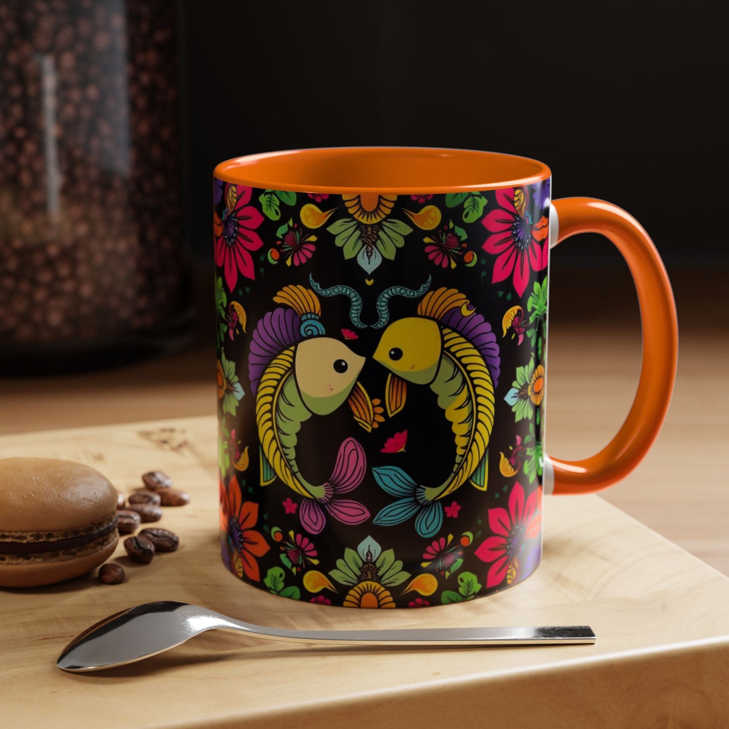 Accent Coffee Mug, Pisces, Zodiac v3, Flower Pattern, (11, 15oz)