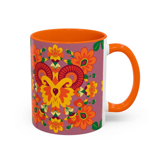 Accent Coffee Mug, Aries, Zodiac v1, Flower Pattern, (11, 15oz)