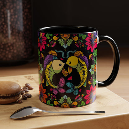 Accent Coffee Mug, Pisces, Zodiac v3, Flower Pattern, (11, 15oz)