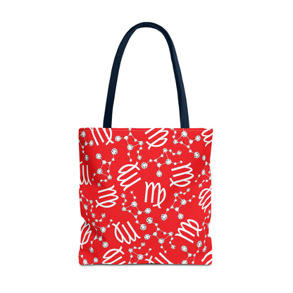 Tote Bag, Virgo Zodiac Sign, AOP, (Red, White)