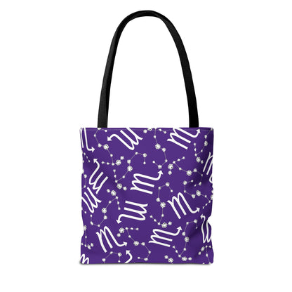 Tote Bag, Scorpio Zodiac Sign, AOP, (Purple, White)