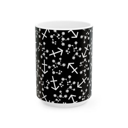 Ceramic Mug, (11oz, 15oz), Ceramic Coffee Mug, Black AOP, Sagittarius Zodiac Design