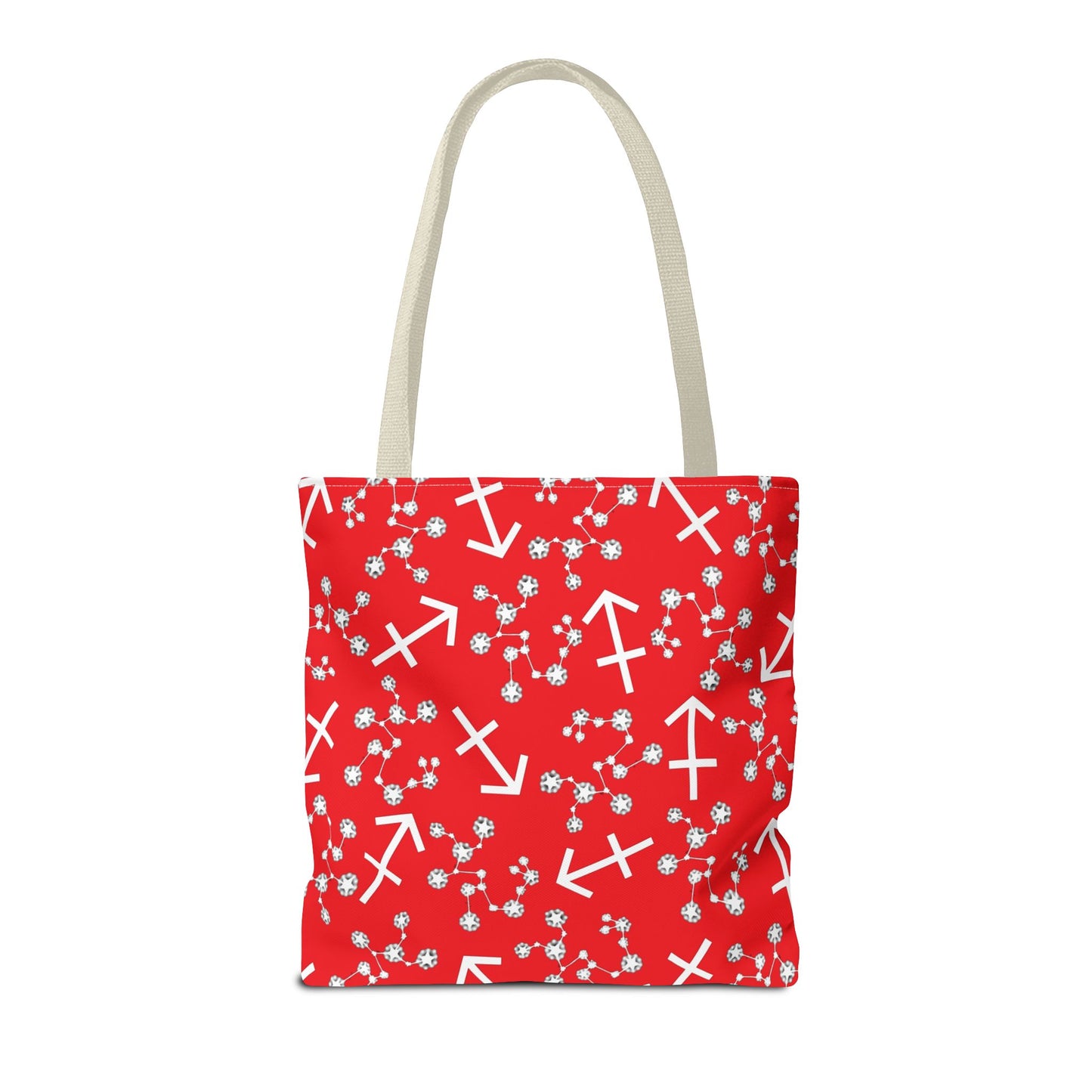 Tote Bag, Sagittarius Zodiac Sign, AOP, (Red, White Print)