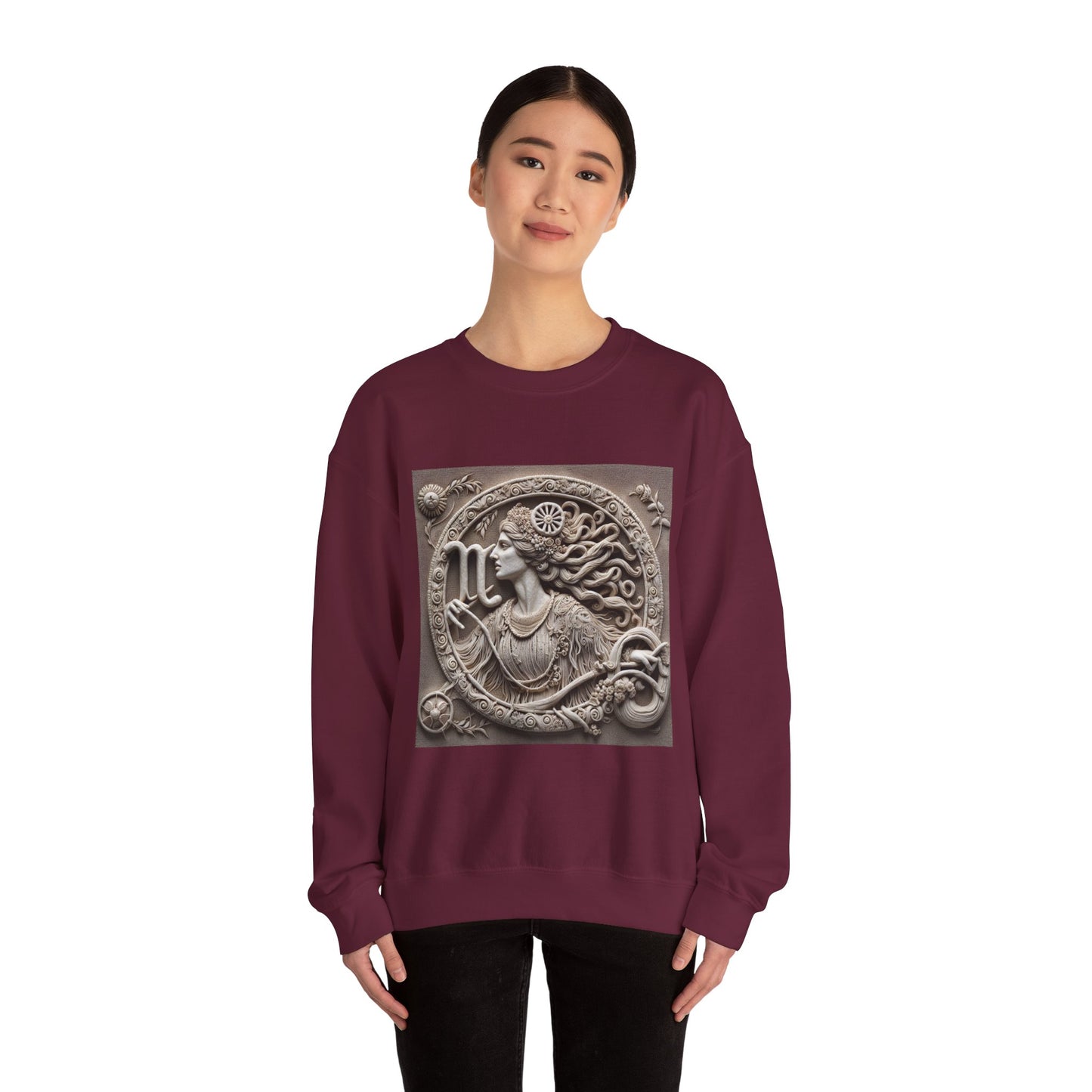 Unisex Heavy Blend™ Crewneck Sweatshirt, Stone Carving, Virgo Zodiac Design
