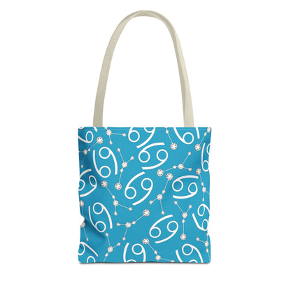 Tote Bag, Cancer Zodiac Sign, AOP, (Turquoise, White)