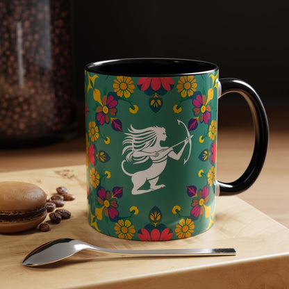 Accent Coffee Mug, Sagittarius, Zodiac. Flower Pattern, (11, 15oz)