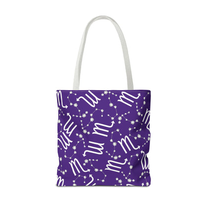 Tote Bag, Scorpio Zodiac Sign, AOP, (Purple, White)