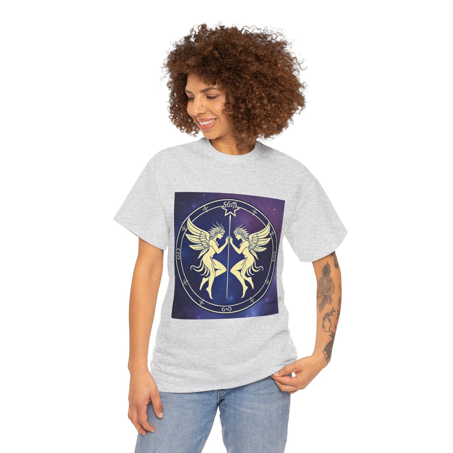 Unisex Heavy Cotton T-Shirt, Space Angel Twins, Gemini Zodiac Design