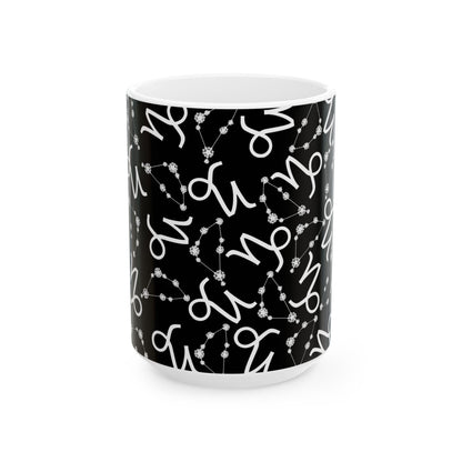 Ceramic Mug, (11oz, 15oz), Ceramic Coffee Mug, Black AOP, Capricorn Zodiac Design