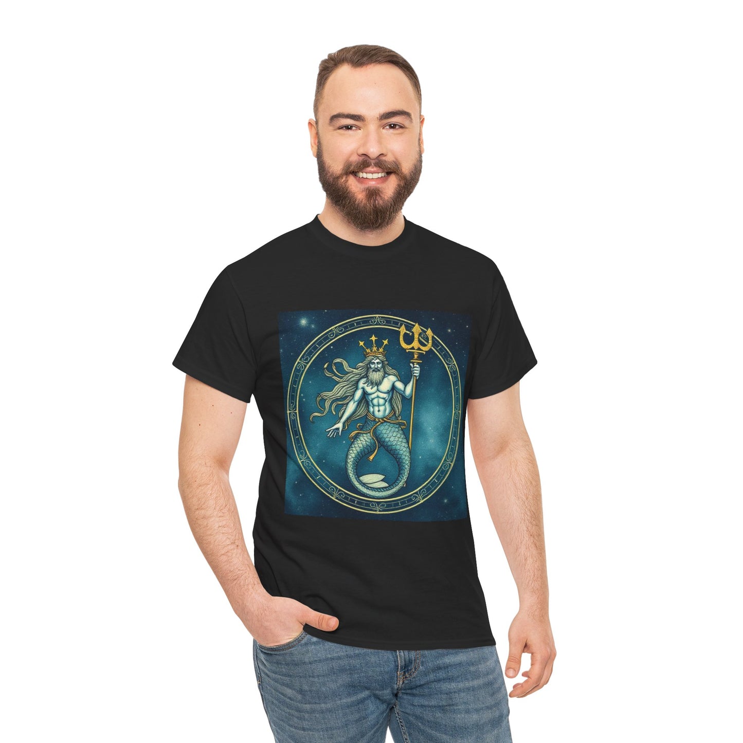 Unisex Heavy Cotton T-Shirt, Aquarius God 5v, Zodiac Design