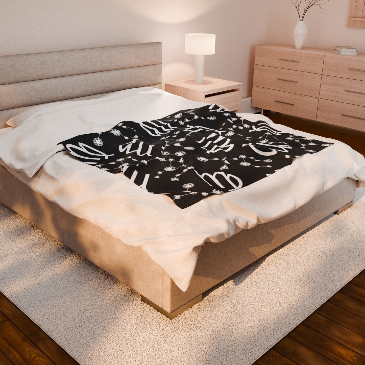 Velveteen Plush Blanket, Virgo Zodiac Sign, Constellation & Symbol, Black, 100% polyester