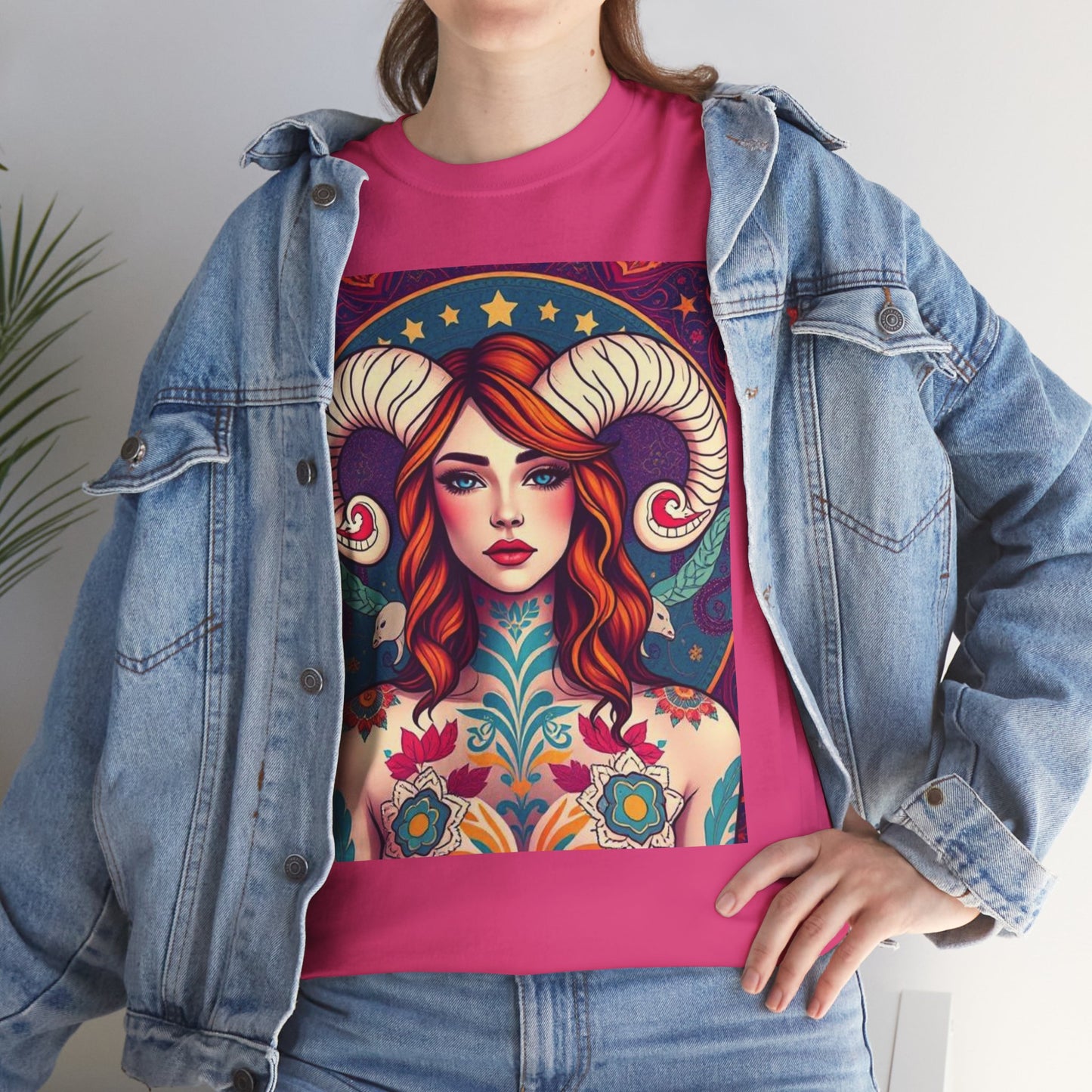 Unisex Heavy Cotton T-Shirt, Aries, Zodiac v1, Sexy Art
